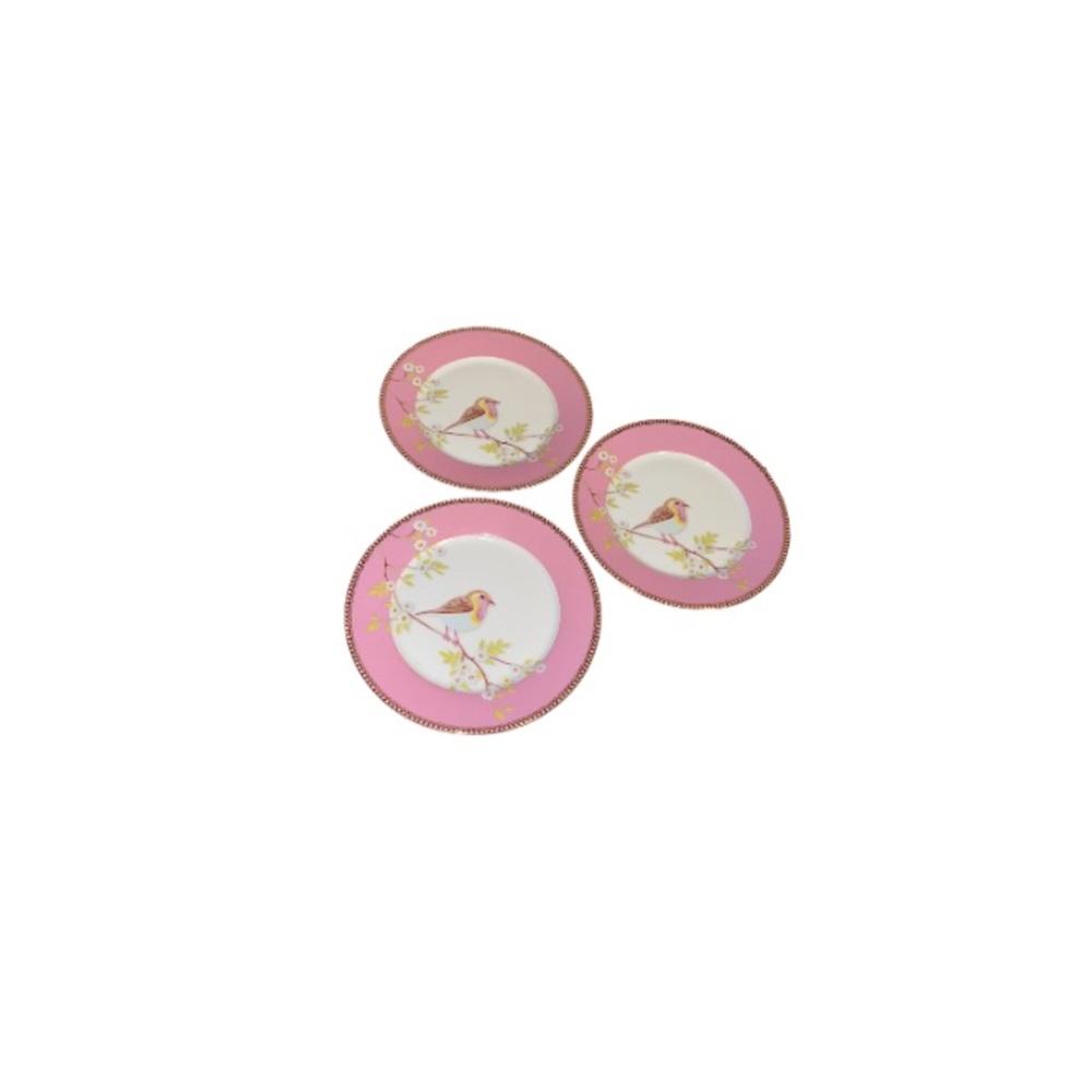 Pip Studio Set of 3 Pink Bird-Themed Porcelain Breakfast Plates